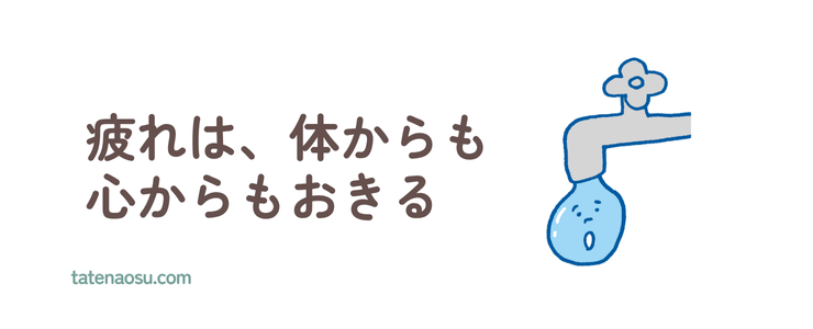 「疲れは、体からも心かもおきる」というまとめの言葉と、水のイラスト